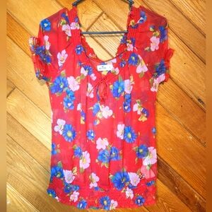 Hollister red floral short sleeved sheer blouson size large